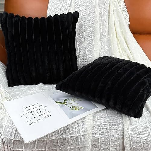 18x18 Throw Pillow Covers Set of 2, Decorative Faux Fur Covers for Bed, Couch Soft Fluffy Pillow Cover with Velvet Back for Living Room, Neutral Home Décor Accent for Sofa - Black thumbnail 2