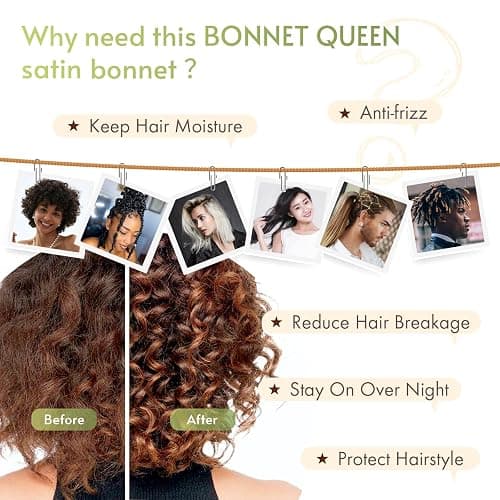 BONNET QUEEN Silk Bonnet for Sleeping for Curly Hair, Satin Bonnet Hair Wrap for Women & Men, Adjustable Silk Scarf Night Cap with Tie Band, Champagne thumbnail 6