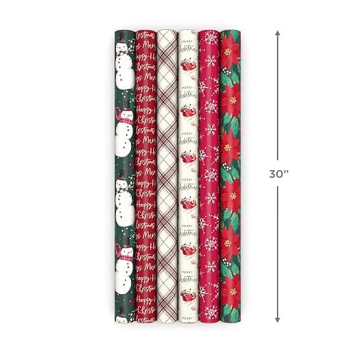 Hallmark Rustic Recyclable Christmas Wrapping Paper (6 Rolls: 180 Sq. Ft. Total) Red, White and Hunter Green Plaid, Poinsettias, Snowflakes, "Merry Christmas," Snowman, Santa thumbnail 3