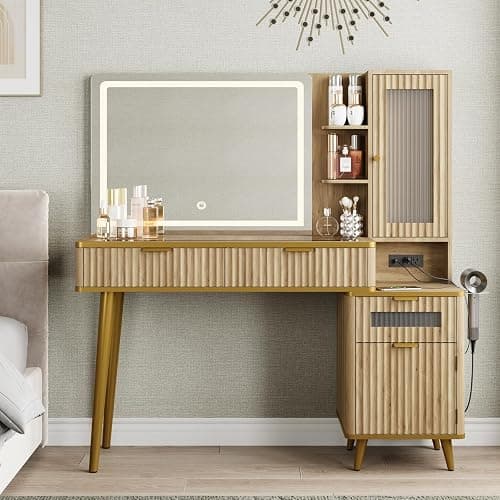QUW Fluted Makeup Vanity Desk with Mirror and Lighits, 48" Modern Glass Top Vanity Table with Charging Station, Vanity Mirror with Adjustable Brightness, Dressing Table for Bedroom, Natural Oak thumbnail 2