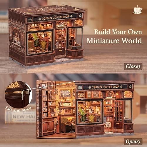 Fsolis Book Nook Kit - DIY Bookshelf Miniature Kit for Adults 3D Puzzle Booknook Bookstore Bookshelf Diorama Cafe Shop Tiny House with Cat, Craft Gifts for Women Book Lovers (Corner Coffee Shop) thumbnail 6