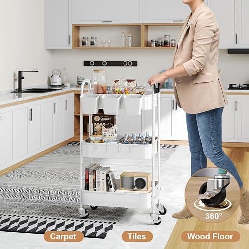 3 Tier Heavy Duty White Metal Rolling Cart with Lockable Wheels, Three Tier Roller Book Snack Cart, Utility Storage Organizer Carts for Kitchen, Bathroom, Garage, Baby Diaper, Craft, Art, Teacher thumbnail 7