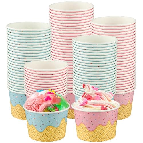 50 Pack Paper Ice Cream Cups 9oz Dessert Paper Bowls Disposable Ice Cream Party Bowls 2 Designs Treat Snack Cups for Hot or Cold Food Sundae Frozen Yogurt Soup Party Supplies - Image 1