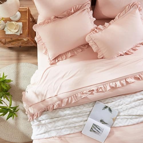 Anluoer Full Comforter Set 7 Piece, Pink Bed in a Bag with Shams, All Season Ruffle Shabby Chic Bedding Sets with 1 Comforter, 2 Pillow Shams, 2 Pillowcases, 1 Flat Sheet - Image 1