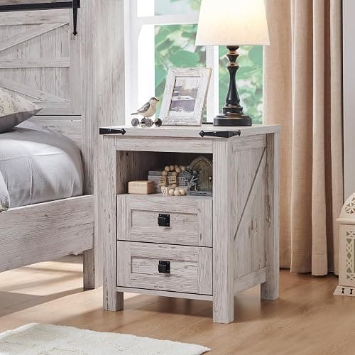 RedLemon 18" Farmhouse Nightstand with Charging Station, Antique Brush White - Image 1