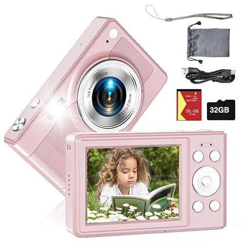 Upgrade Digital Camera, 56MP FHD 1080P for Kids with 16x Zoom Anti Shake, 32GB TF Card, Two Batteries, Lanyard, Compact Small for Boys Girls （Pink） - Image 1
