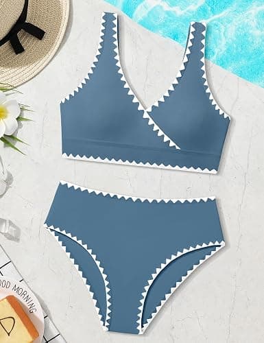 KANGKANG Girls Swimsuit Bikini Set Solid Color V-Neck Two Piece Bathing Suit with Chest Pad Adjustable Straps Swimwear 7-16T thumbnail 6