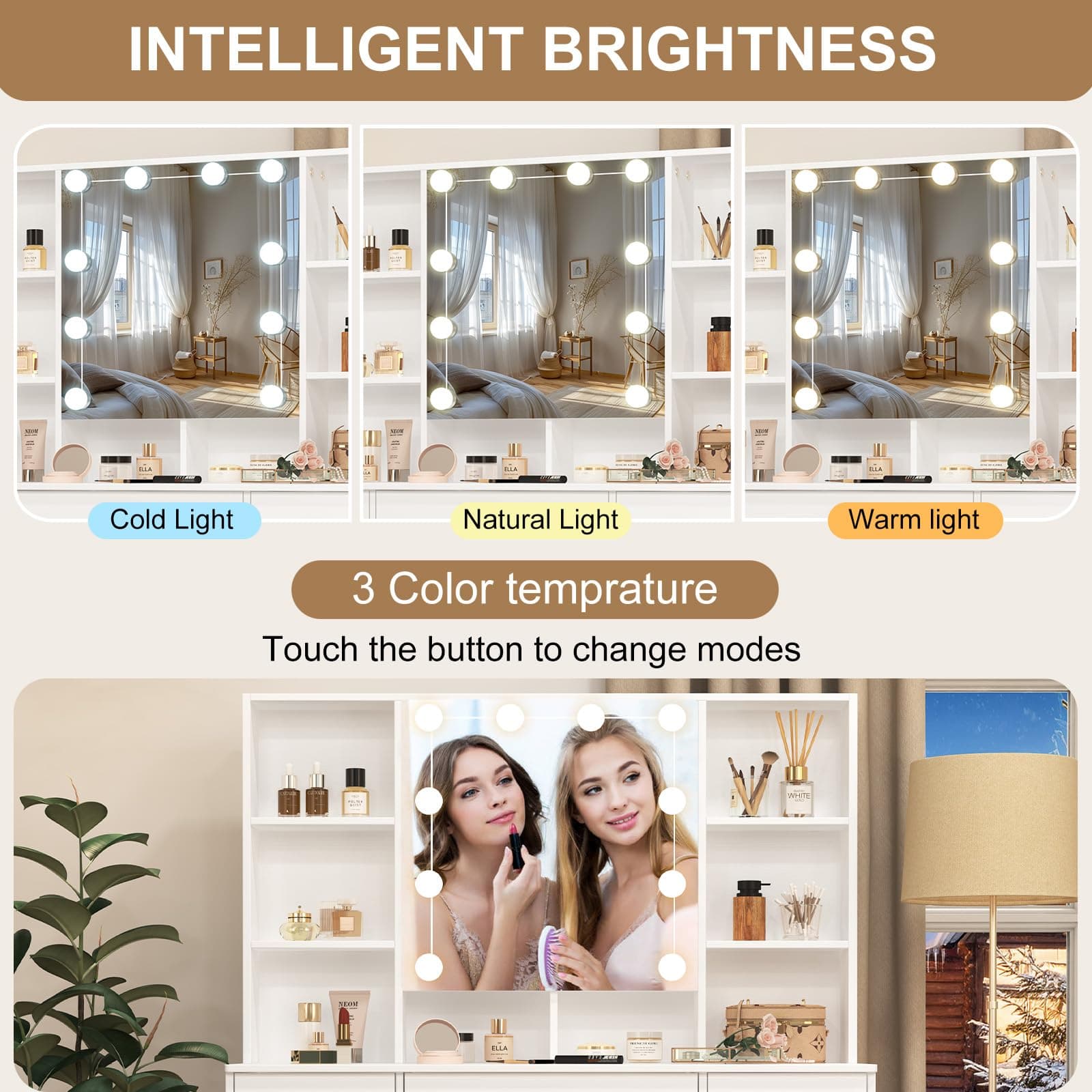 Umeiga Large Vanity Table, Vanity Desk with Sliding Mirror and Lights, 3 Adjustable Light Modes, 7 Drawers 8 Open Shelves, 3 Hidding Shelves, Makeup Desk with Metal Handles for Girls and Women, White thumbnail 6