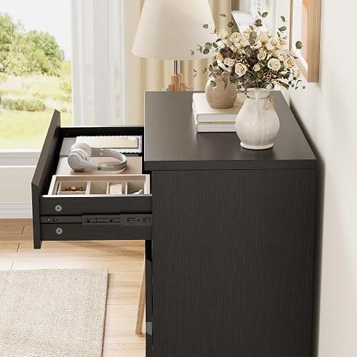 Jocoevol Black 6 Drawer Dresser for Bedroom, 15.3" D x 47.2" W x 32.3" H in Simply Modern Chest of Drawers, Wood Storage Double Dresser with Deep Drawers for Living Room, Hallway Entryway, Black thumbnail 6
