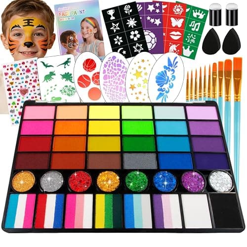 Face Painting Kit for kids, 52 Colors Professional Face Paint Makeup Kit Non-Toxic Water Activated Facepaint Palette, glitter gel, brushes, sponges, stencils for party Halloween School Event Festivals - Image 1
