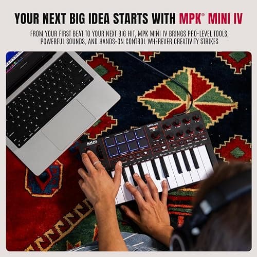 Akai Professional MPK Mini IV USB-C MIDI Keyboard Controller for Beginners and Producers - MPC Drum Pads, 360° Knobs, Pitch and Mod Wheels, Production Software, Native Instruments Sound Package, Black thumbnail 2