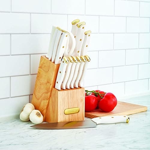Farberware 15-Piece Triple Riveted Knife Block Set, High Carbon-Stainless Steel Kitchen Knives, Razor-Sharp Knife Set with Wood Block, White and Gold - 15-Piece - White and Gold thumbnail 5