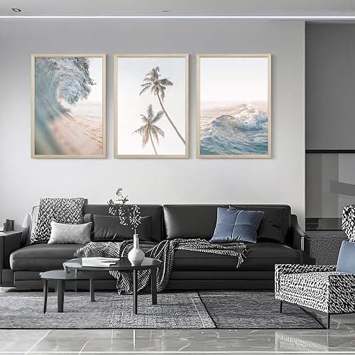 Beach Wall Art Pictures Coastal Canvas Wall Decor Ocean Waves Poster Blue Beach Scene Artwork Palm Tree Art Coastal Landscape Prints for Living Room Bedroom 12x16 Inch Framed Set of 3 thumbnail 7