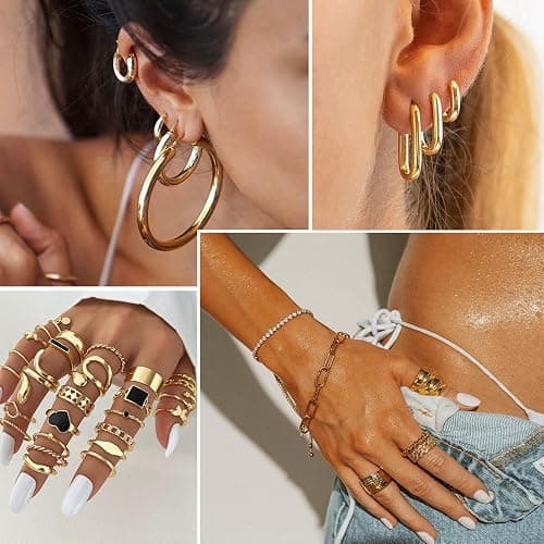17IF 38-59 Pcs(9-8 Pack) Gold Plated Jewelry Set for Women With 8 Necklace 12 Bracelet 27 Ring 12 Pair Earring Hoop Simple Sparkle for Happy thumbnail 3