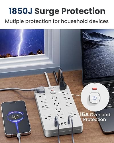 JouleLoom Surge Protector Power Strip-14 Outlets and 6 USB Ports, 6 Feet Flat Plug Extension Cord, 1850 Joules, White, ETL Listed for Home, Office, Dorm Room thumbnail 6