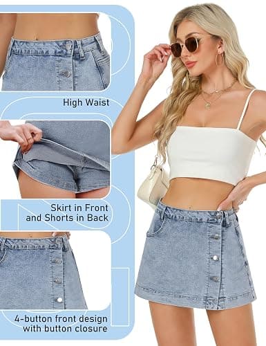 POLIRO Denim Skort for Women Trendy Slit Mini Denim Skirt Casual Stretchy Jean Skirt with Shorts Summer Short Skirt thumbnail 4