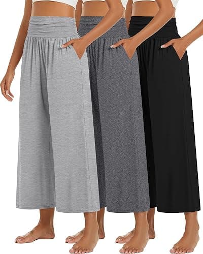 Huukeay 3 Pack Wide Leg Cropped Pants for Women, High Waist Lounge Yoga Pants Loose Casual Palazzo Capri Trouser with Pockets - Image 1