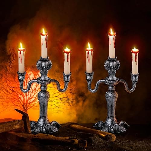JOYIN 2 Pcs Skull Candelabra Halloween Decorations Indoor LED Lights Flameless Candles Holder, Scary Haunted House Mansion Decor for Table Home Party - Image 1