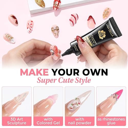 UNA GELLA 3D Gel Nail Art, 3D Nail Gel Sculpting G el Glue 15g 4 in 1 No Wipe Clear Nail Polish for Nails Tips, Chrome Powder, Nail Charms Gems, Drawing and DIY Nail Art Lamp Curing Needed thumbnail 4