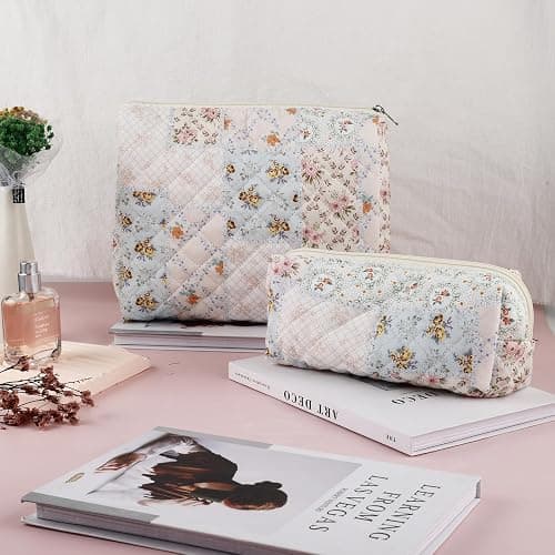 2Pcs Quilted Cotton Makeup Bag Large Travel Makeup Pouch Small Brush Holder Set for Women Cute Floral Coquette Makeup Bag Aesthetic Cosmetic Bag Flower Bee Toiletry Organizer Storage Bag Zipper Pouch thumbnail 5