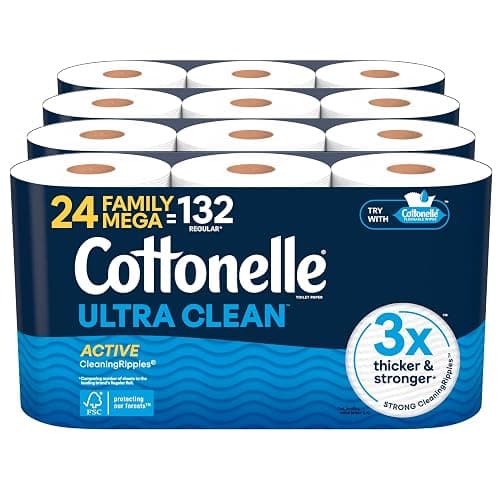 Cottonelle Ultra Clean Toilet Paper with Active CleaningRipples Texture, Strong Bath Tissue, 24 Family Mega Rolls = 132 Regular Rolls (4 Packs of 6) - Image 1