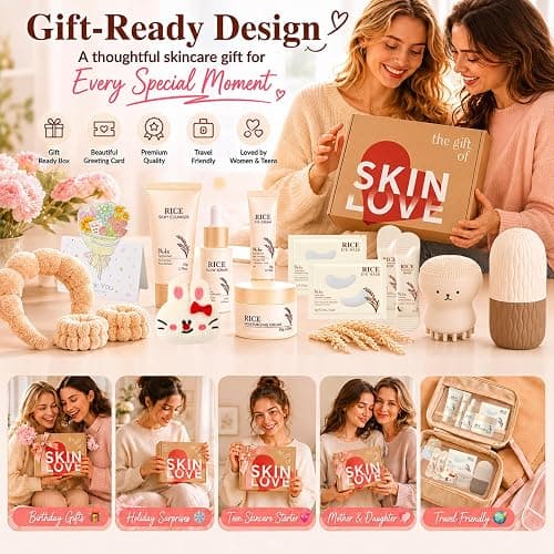 14PCS Complete Korean Skin Care Set for Kids 10-12 - Rice Skincare Kit with - Face Wash, Serum, Moisturizing Cream, Eye Cream, Masks, Brush & Headband, Travel Facial Gift Box Skin Care for Teens Women thumbnail 5