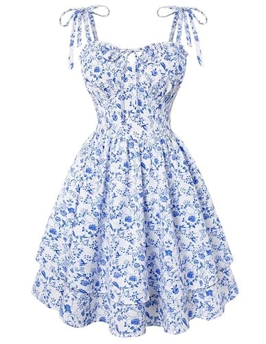 Scarlet Darkness Floral Mini Dress for Women Corset Graduation Sundress | Sleeveless milkmaid sweetheart neckline, adjustable tie straps, cinched waist, summer dresses for Homecoming with pockets - Image 1