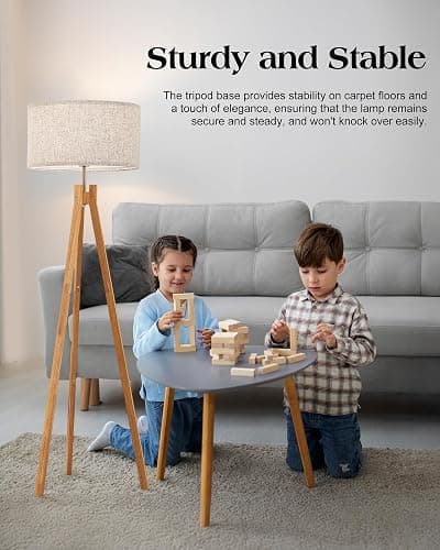 ELYONA Nordic Wood Tripod Floor Lamp, Modern Reading Standing Lamp for Living Room 3 Color Temperatures LED Bulb Included Flaxen Lamp Shade, Boho Natural Wooden floor lamp for Bedroom Office Kids Room thumbnail 6