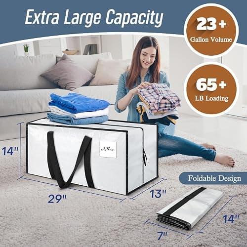 6 Pack Extra Heavy Duty Large Moving Bags with Strong Zipper & Comfortable Handles, Sturdy & Durable Clothes Storage Bags Totes Bins, Packing Moving Boxes for College Supplies, White thumbnail 2