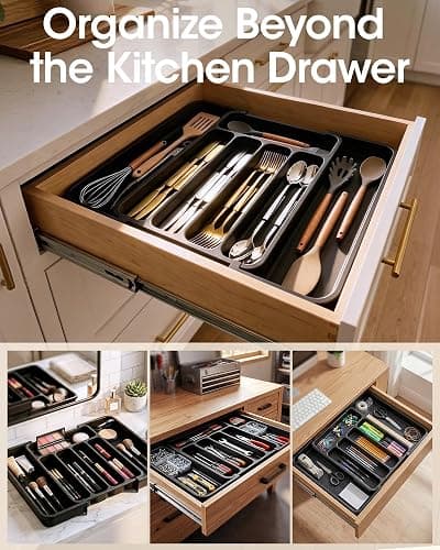 Aujen Silverware Organizer - Expandable Kitchen Drawer Organizer, Adjustable Utensil Organizer, Cutlery Tray for Forks, Knives, Multipurpose Kitchen Organizers and Storage Solution, Black, Medium thumbnail 8