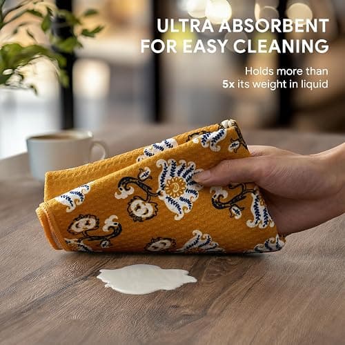 RECYCO Waffle Kitchen Towel Set of 2 - Quick Dry Microfiber Sustainable Dish Towels - Ultra Absorbent Reusable Cleaning Tea Towels - Lightweight Hand Towels,16”x 28”, Marigold Mosaic thumbnail 4