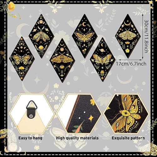 Sintuff 6 Pcs Halloween Gothic Butterfly Witch Wall Decor Art | Sun Moon Phases, Butterfly Hanging Wooden Ornament, Minimalist Farmhouse Pediment, Home Decor, for Living Bedroom Room thumbnail 2