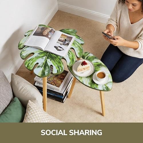 BAMEOS Monstera Leaf Nesting Tables Set of 2, Small Side Tables f Set with Leaf Vein Pattern, Modern Wooden CoffeeTables for Living Room Bedroom Apartment Balcony Yard thumbnail 4