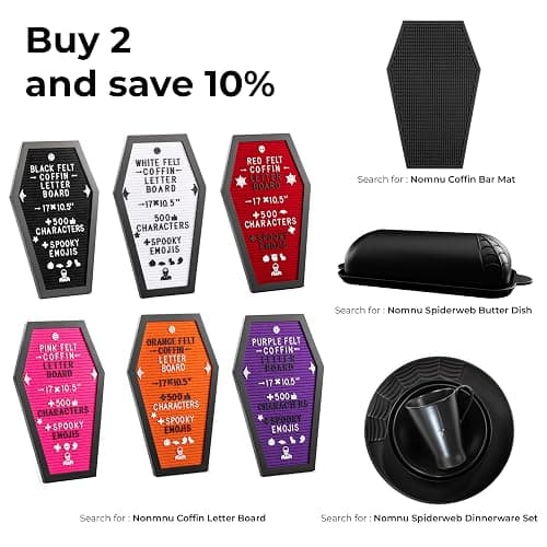Nomnu Coffin Letter Board, Black Goth Decor with Bat Stickers Spooky Emojis | Wood and Felt board 17x10.5 inches +650 characters 80+ spooky gothic seasonal emojis, sawtooth hanger. Tabletop Stand thumbnail 8