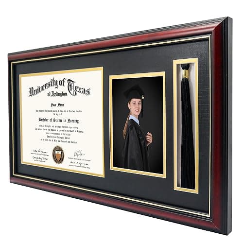 GraduationMall 11x22 Cherry Diploma Frame with Tassel Holder and Picture for 8.5x11 Certificate 5x7 Photo,Tempered Glass,Black over Gold Mat thumbnail 3