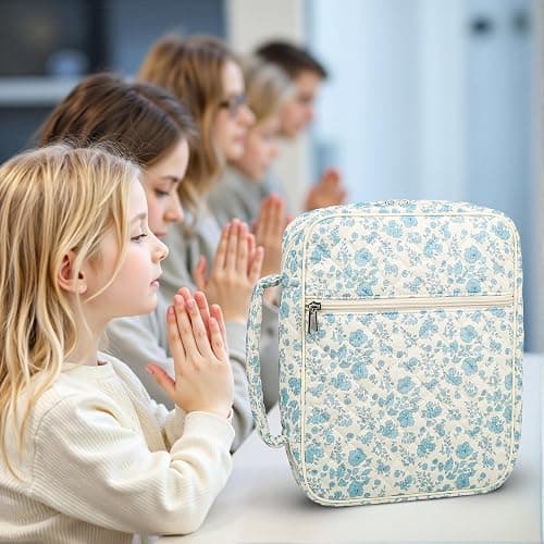 WOBAGMEN Bible Cover Case for Women,Large Bible Tote Bags Organizer Quilted Carrying Case for Girls,Bible Study Supplies Accessories Christian Gifts for Women (Blue Floral, L) thumbnail 6