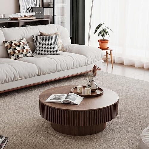 Round Coffee Table with Storage, Modern Wooden Coffee Table with Solid Wood Veneered, Circle Center Table Accent Tea Table for Living Room Apartment Small Space (31.5''L × 31.5''W × 14''H, Walnut) thumbnail 7