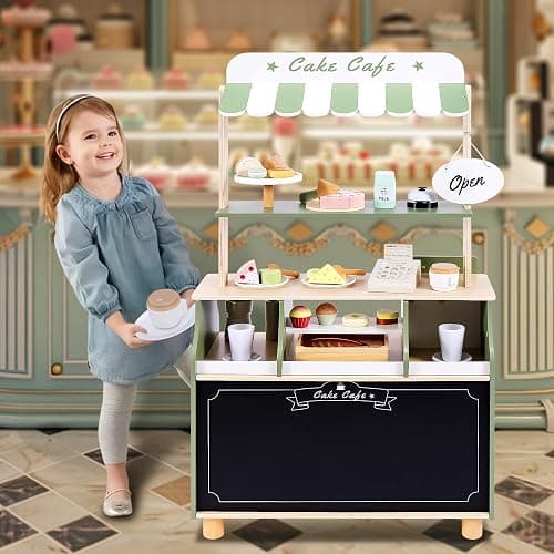 Wooden Coffee Shop Play Set, Pretend Grocery Store, Realistic Bakery Shop Sessert Stand with Toy Foods 37 PCS, Gift for Kids 3 4 5 6 Yead Old thumbnail 2