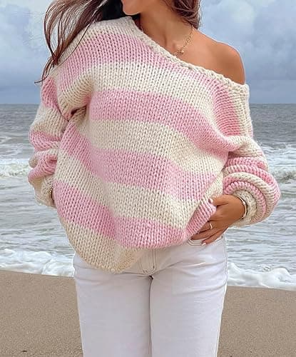Women Striped Knit Sweaters 2025 Oversized Fall Winter Drop Shoulder Color Block Long Sleeve Loose Fit Pullover Tops thumbnail 4