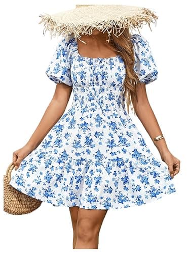 Floerns Women's Boho Square Neck Puff Short Sleeve Self Tie Front A Line Dress - Image 1