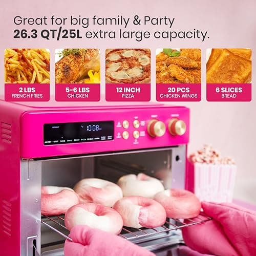 VAL CUCINA Limited Edition Happy Pink Infrared Heating Air Fryer Toaster Oven, Extra Large Countertop Convection Oven 10-in-1 Combo, 6-Slice Toast, Enamel Baking Pan Easy Clean with Recipe Book thumbnail 7