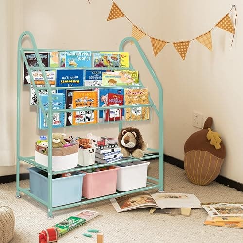 aboxoo Metal Kids Bookshelf Green Freestanding for Children Room 32 in Toy Organizer Book Unit Storage Large Green Stable Bookcase Bookstore Living Room Bed Room Library thumbnail 2