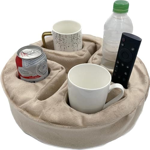 Xchouxer Couch and Bed Cup Holder Pillow, Sofa Organizer Caddy for Drinks, Remotes, Phones, Snacks (Beige) - Image 1