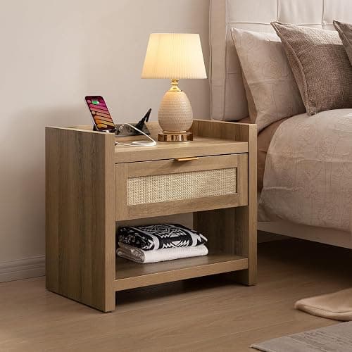 SICOTAS Night Stand Set of 2 Nightstands - Rattan Bed Side Table with Drawer Storage,Type-C Charging Station End Table - Boho Bedside Night Stands for Bedroom - Natural Oak thumbnail 7