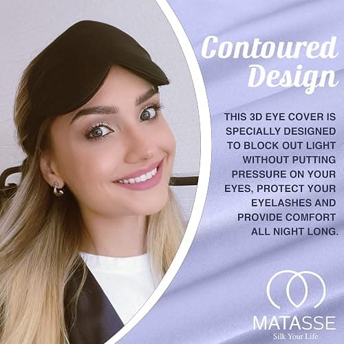 MATASSE Silk Eye Mask for Sleeping with Adjustable Elastic Band - 3D Contoured, Eye Cover Sleep Mask w/Genuine Mulberry Silk Including The Strap for Women, Men (Black) thumbnail 2