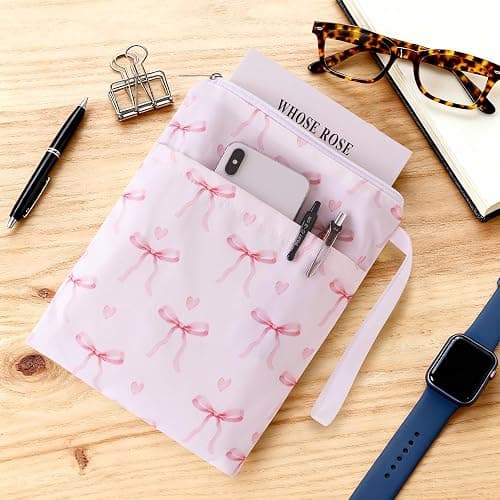 Book Sleeve with Zipper, 11''x 9'' Waterproof Paperback Sleeve for Book Lovers Books Pouch Cover with Handle for Hardcovers Kindle Sleeve for Reader Teacher Women (Light pink bow tie, 11x 9 inch) thumbnail 2
