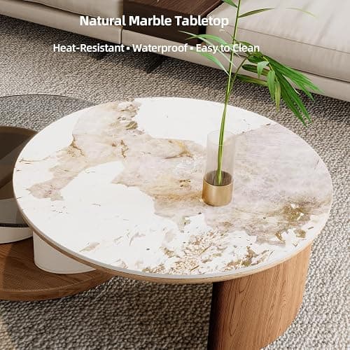 Round Coffee Table for Living Room, Modern Marble Top Expandable Coffee Table with Hidden Storage, No Assembly Required Center Table, Rolling Living Room Tables (Walnut & Marble) thumbnail 4