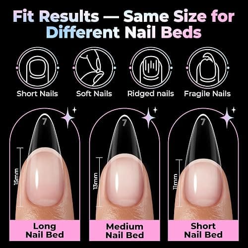 UNA GELLA Stiletto Gel Nail Tips Medium 15 Sizes 300PCS Pre-Etched Clear Acrylic Nail Tips Easy DIY Salon Stiletto Almond Press On Nails Snug Fit Full False Fake Tips Extensions Long-Lasting Hold thumbnail 7