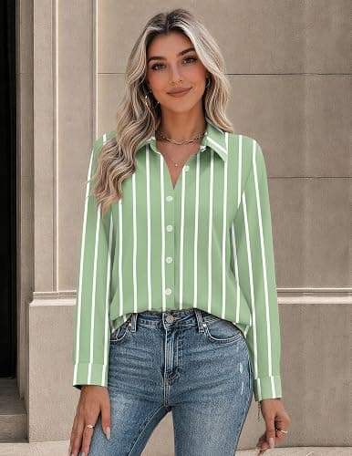 Zeagoo Button Down Shirts for Women Long Sleeve Tops Striped Solid Blouses | Collared V Neck Shirts Button Up Shirt Dressy Casual Blouses Cute Summer Fall Fashion Clothes Office Work Tops Spring Outfits thumbnail 2