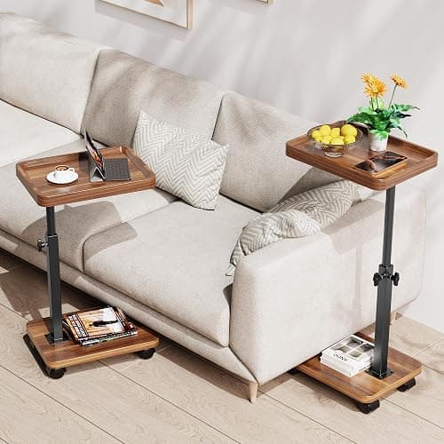 SJIE C Table End Table Adjustable Height, 360°Swivel TV Tray Table for Small Spaces, Side Tables with Wheels for Living Room and Bedroom, Bed (Walnut) thumbnail 3